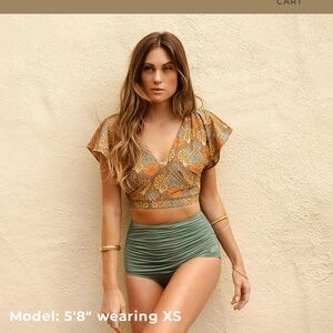 GOLDEN HOUR CAPE SWIM CROP TOP + SEA SALT RUCHED HIGH-WAISTED BOTTOMS